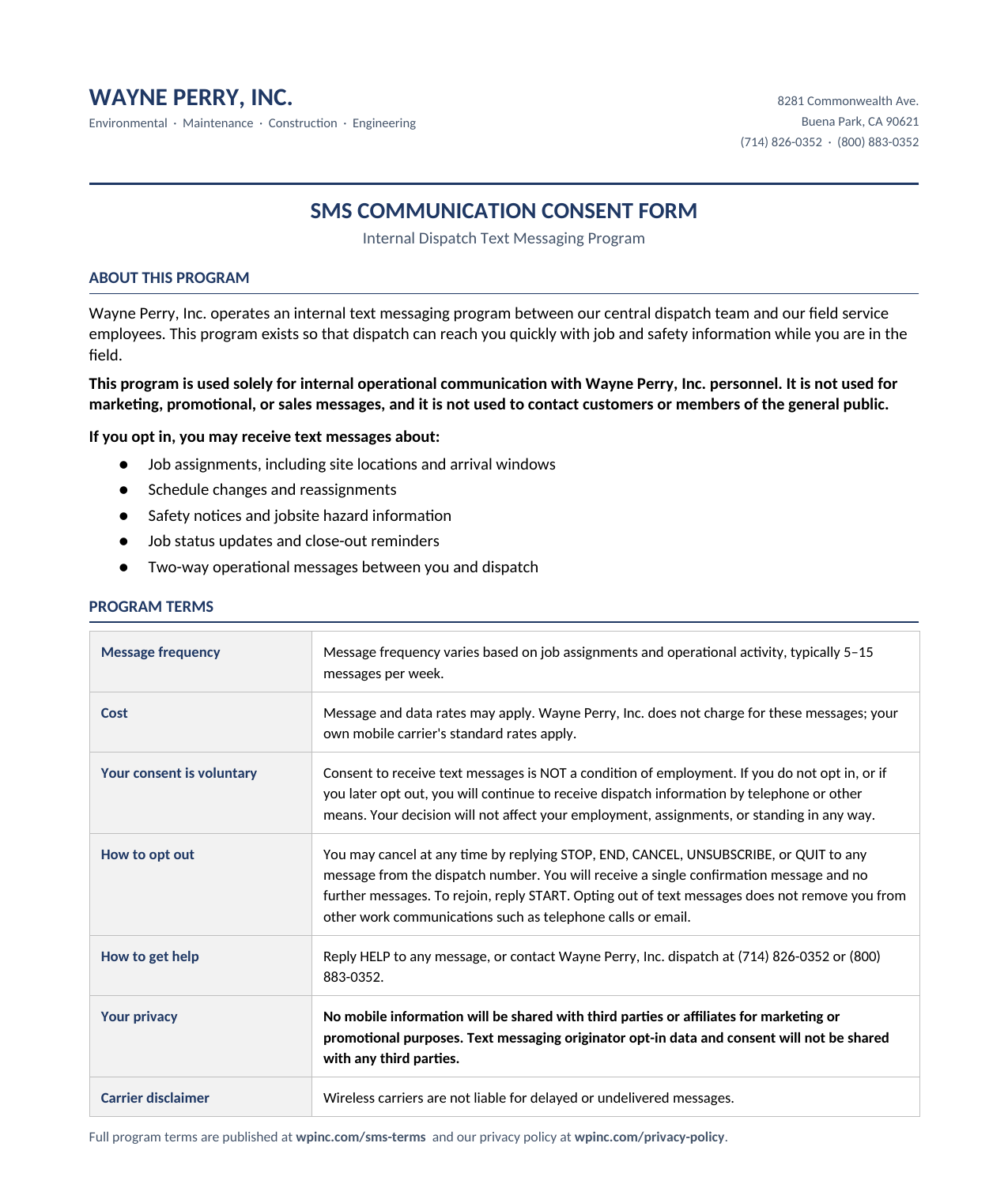 Blank Wayne Perry SMS Communication Consent Form, page 1