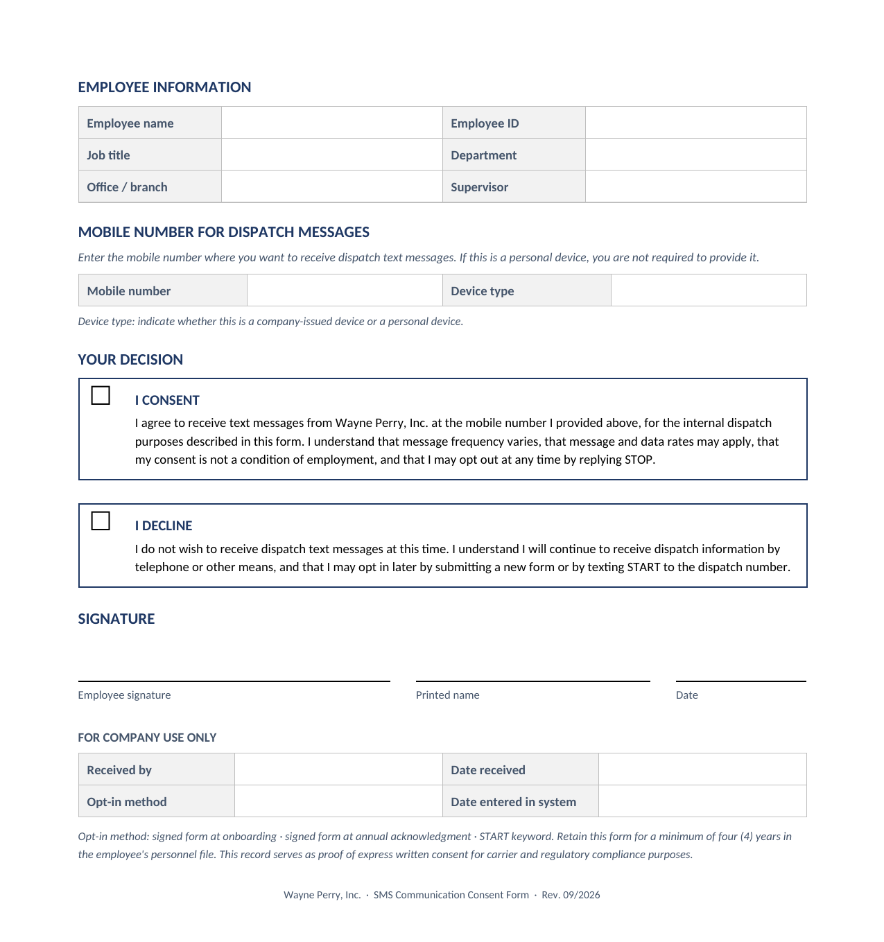 Blank Wayne Perry SMS Communication Consent Form, page 2